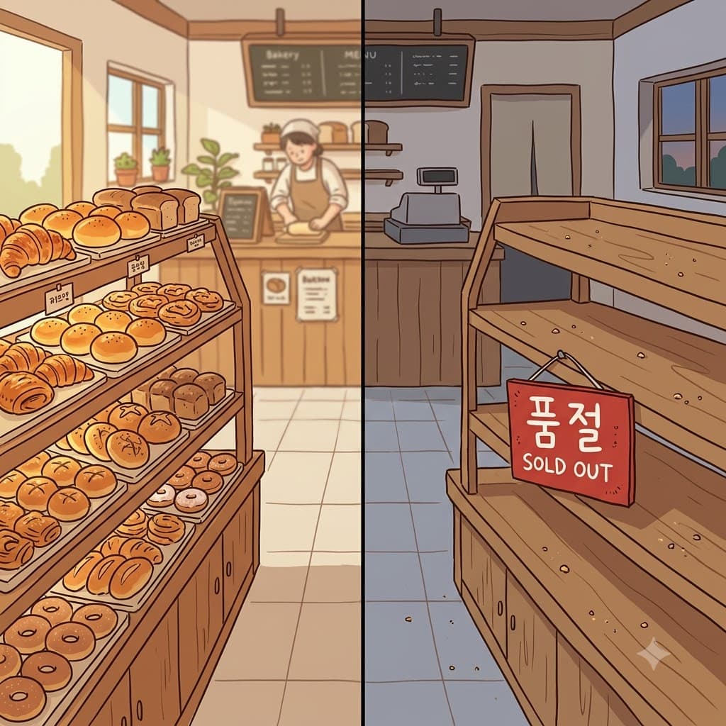 아침의 빵집은 신선한 빵으로 가득 차 있던 반면, 오후의 선반은 슬프고 텅 빈 매진(sold out) 팻말을 보여주었다.