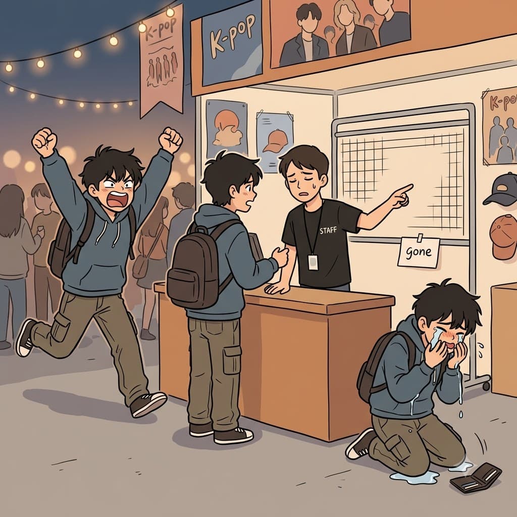 자신이 가장 좋아하는 밴드를 향해 신나게 소리칠(shout) 준비가 되어 있던 팬은, 콘서트 셔츠가 완전히 매진되자(sold out) 즉시 울음을 터뜨렸다.