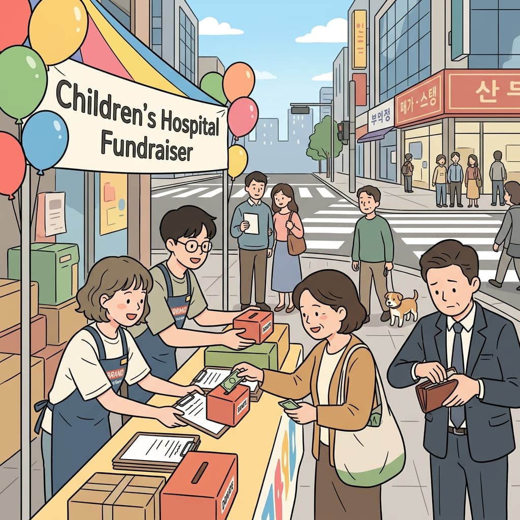 자원봉사자들이 길에서 사람들에게 기부를 요청하고 있다.