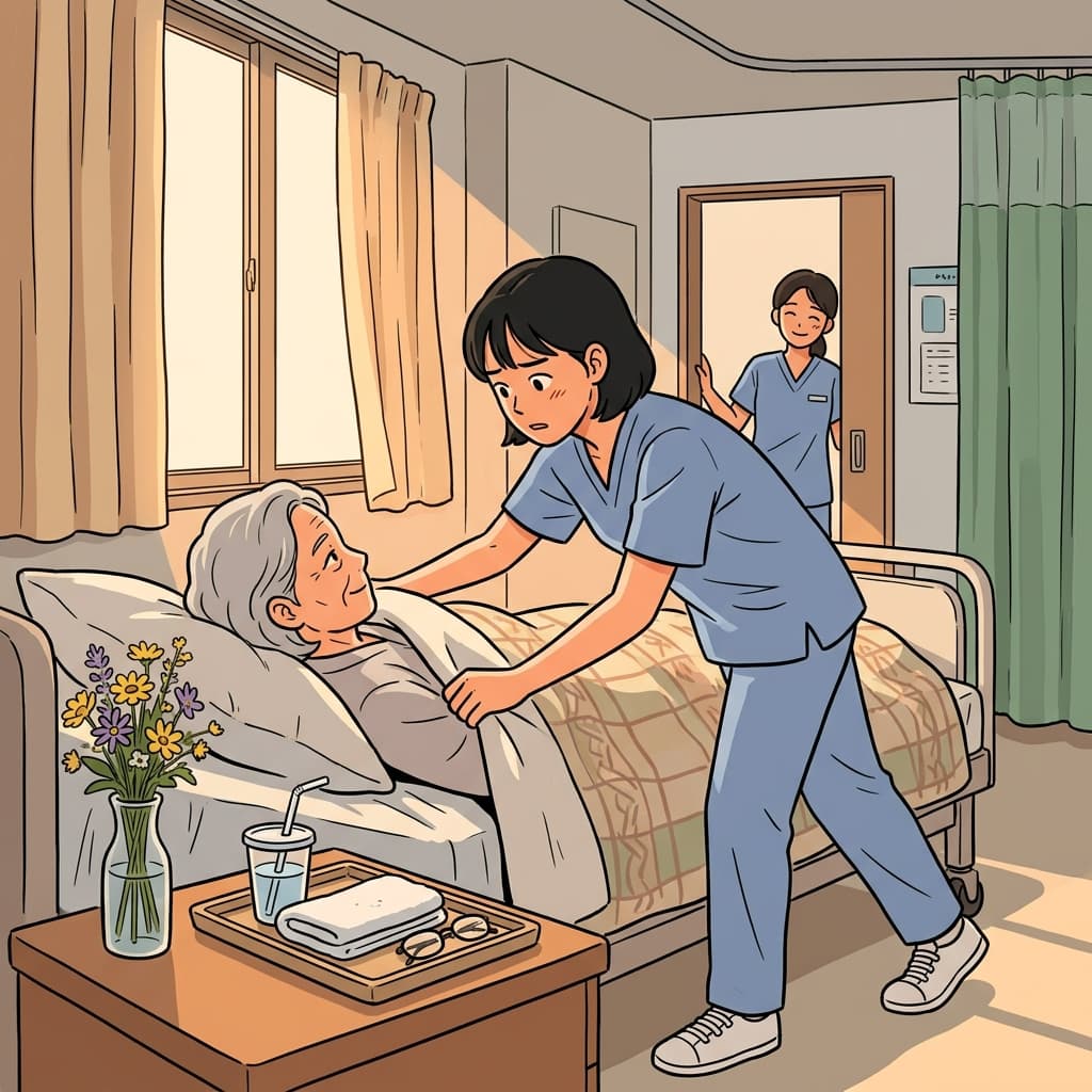 간호사가 할머니 이불을 살뜰히 여며주고 물잔까지 챙긴다.