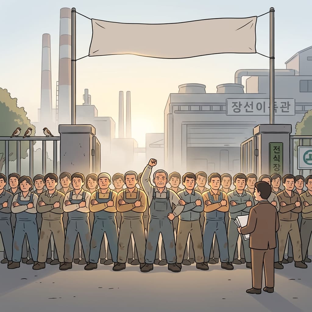 노동자들이 팔짱을 끼고 하나로 뭉쳐 물러서지 않았다.