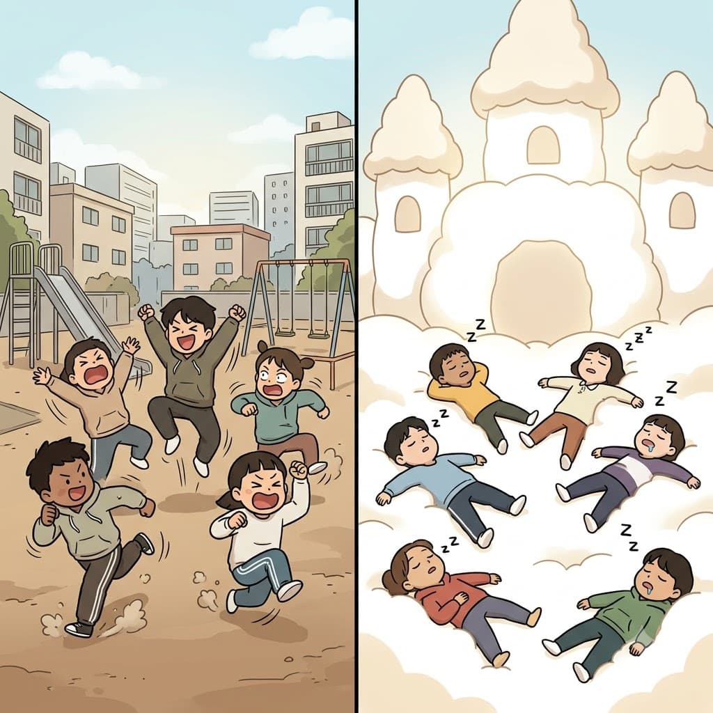 "솜(som) 놀(nol)이터 렌트(lent)했어!" 거대한 솜 놀이터를 빌리자, 활기찬 아이들은 푹신함에 완전히 졸린(somnolent) 상태가 되었다.