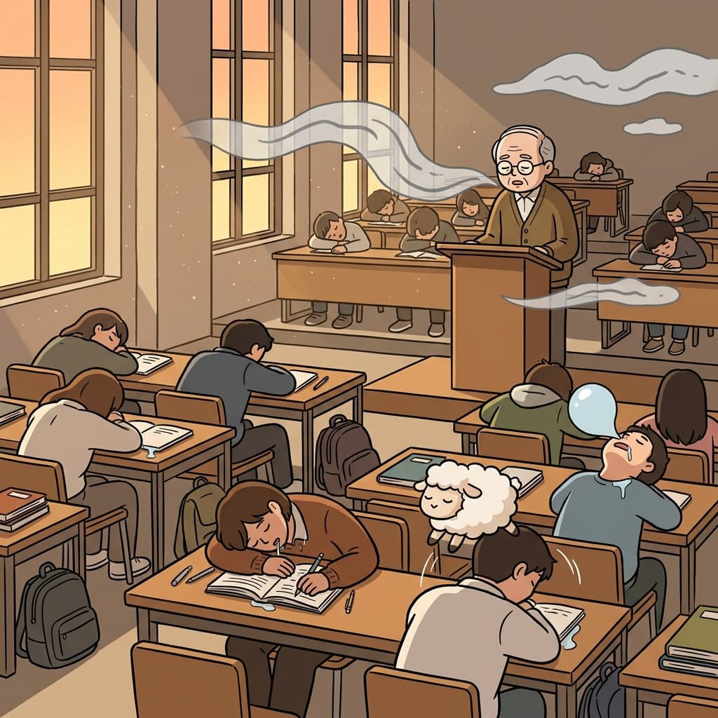 교수님 강의가 너무 지루해서 다들 졸고 있다.