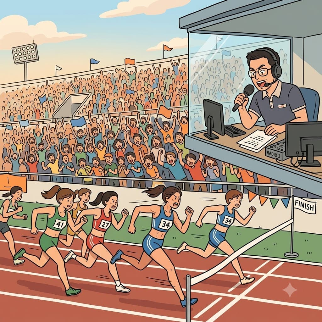 관중(spectator)은 환호했고, 해설자(commentator)는 경기를 설명했으며, 각 선수(competitor)는 결승선을 향해 경쟁했다.