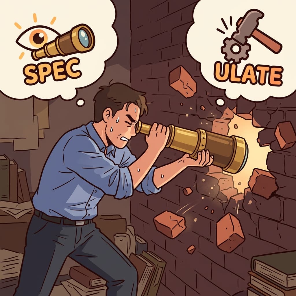 SPEC(보다) + ULATE(하게 만들다) — 추측하다(speculate)란 숨겨진 미래를 들여다보기(SPEC) 위해 거대한 망원경을 단단한 벽 너머로 억지로 부수고 밀어 넣는 물리적 행동이다.