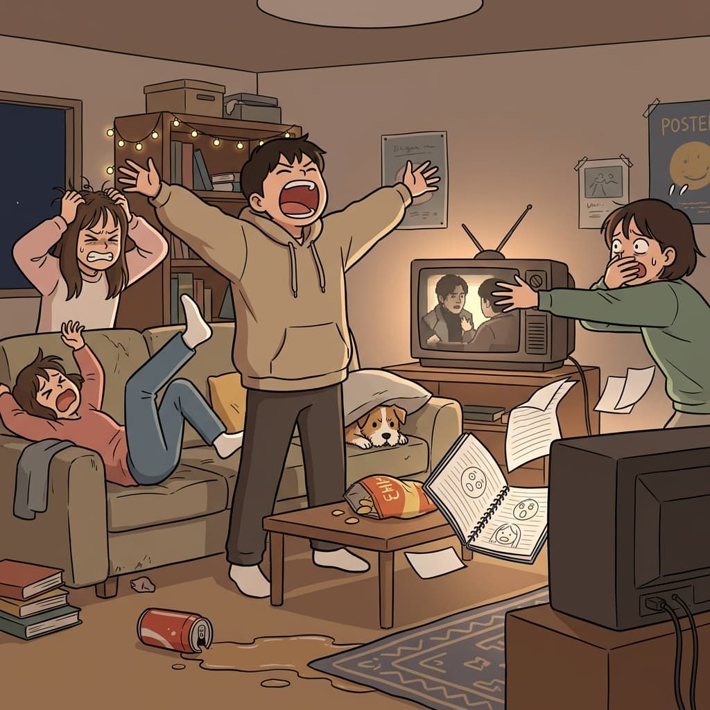 그가 결말을 말해버려서 모두가 머리를 감싸쥐었다. (스포일러 → "스포(이야기)를 일러바치는 사람")