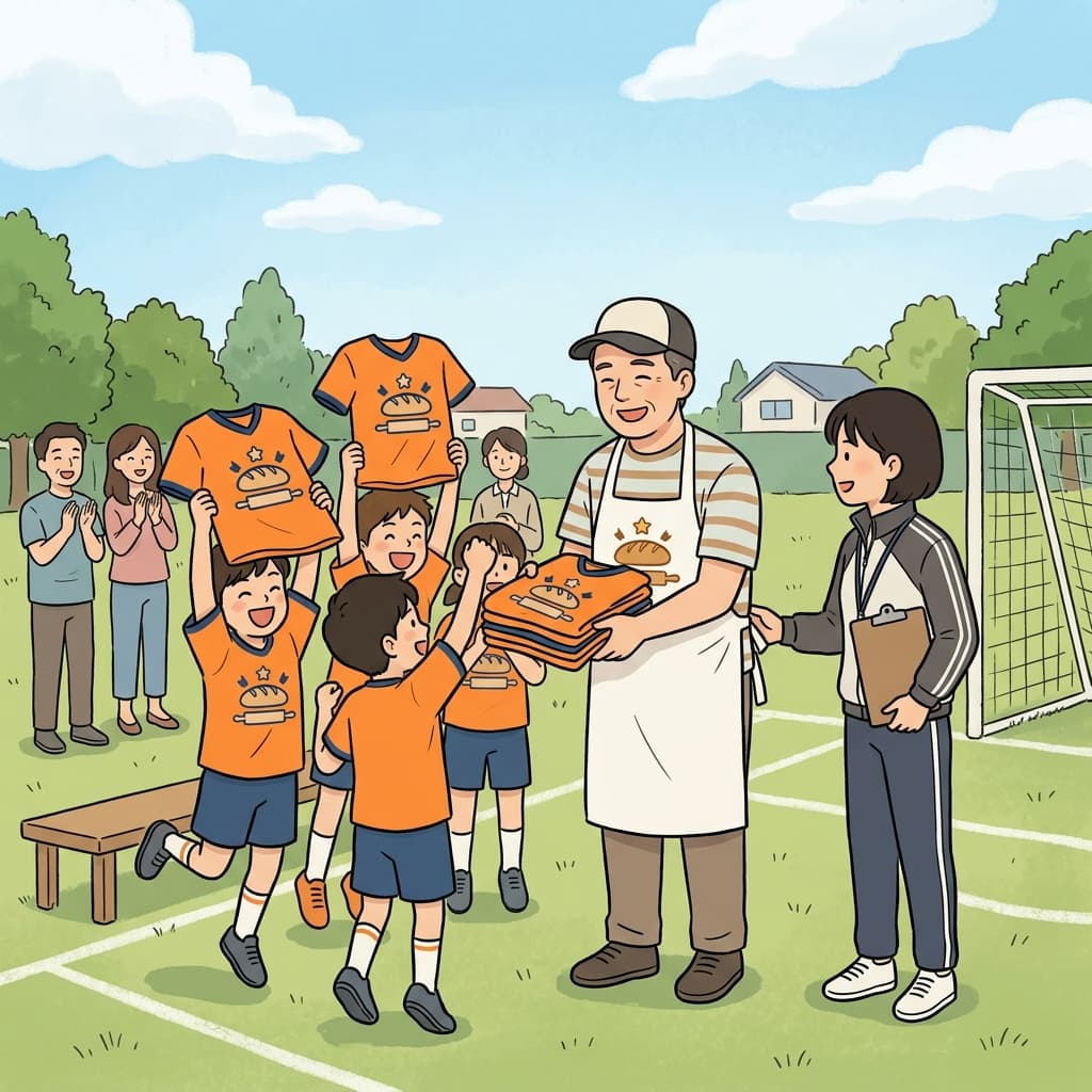 동네 빵집이 유소년 축구팀 유니폼을 후원하기로 했다.
