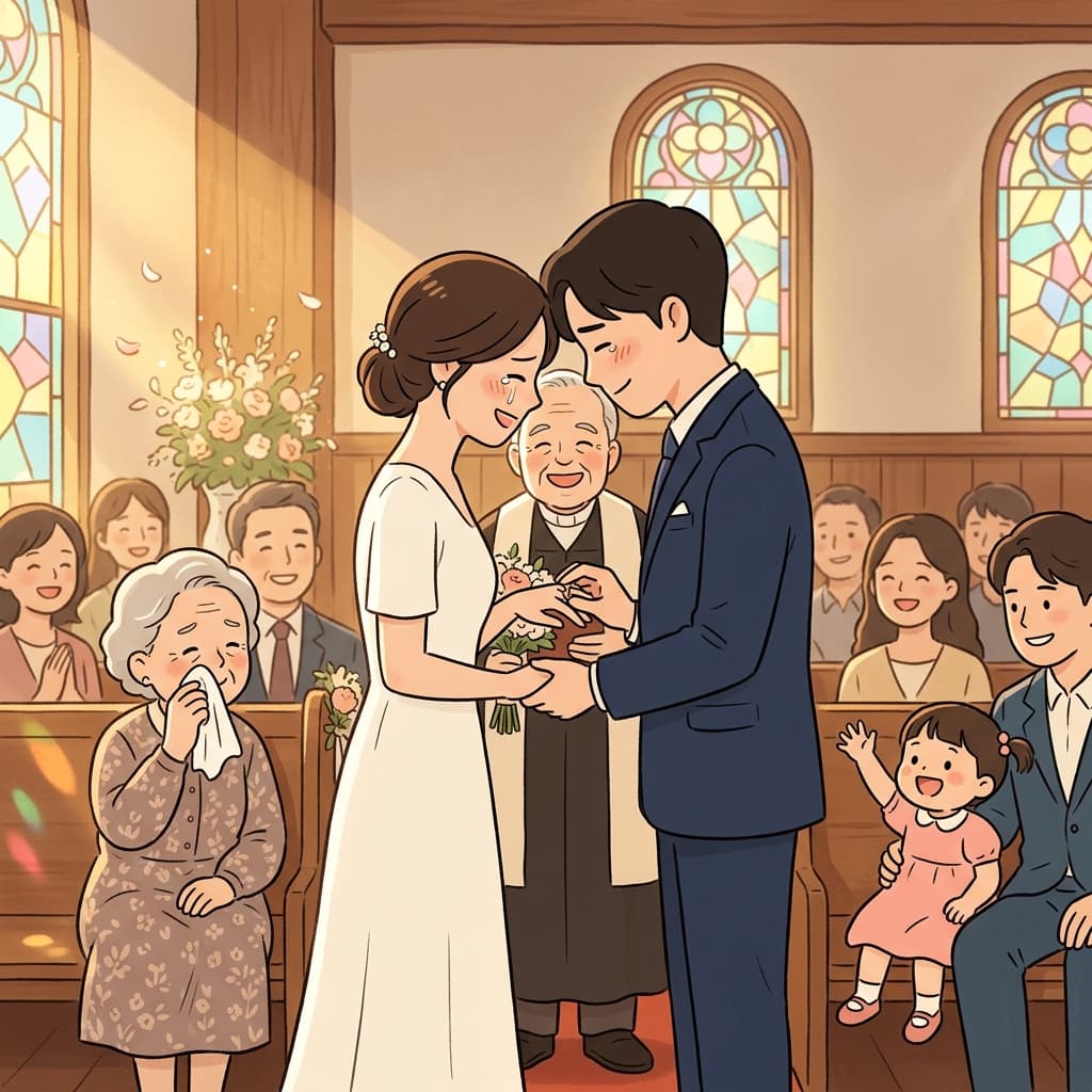 제단 앞에서 반지를 나누며 배우자의 손을 꼭 잡았다.