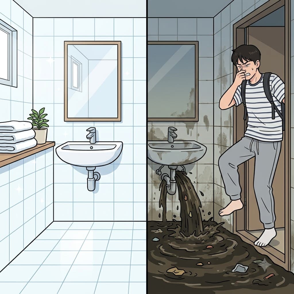 "시(s)커먼 썩은 물이 콸(qual) 흘러(lor)!" 배관이 터지자, 방 안은 순식간에 끔찍한 불결함(squalor)으로 가득 찼다.