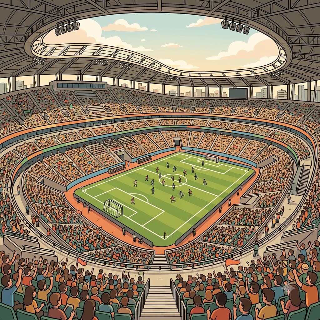 거대한 경기장(stadium)의 관중석이 선수들이 경기를 펼치는 경기장을 둘러싸고 있다.