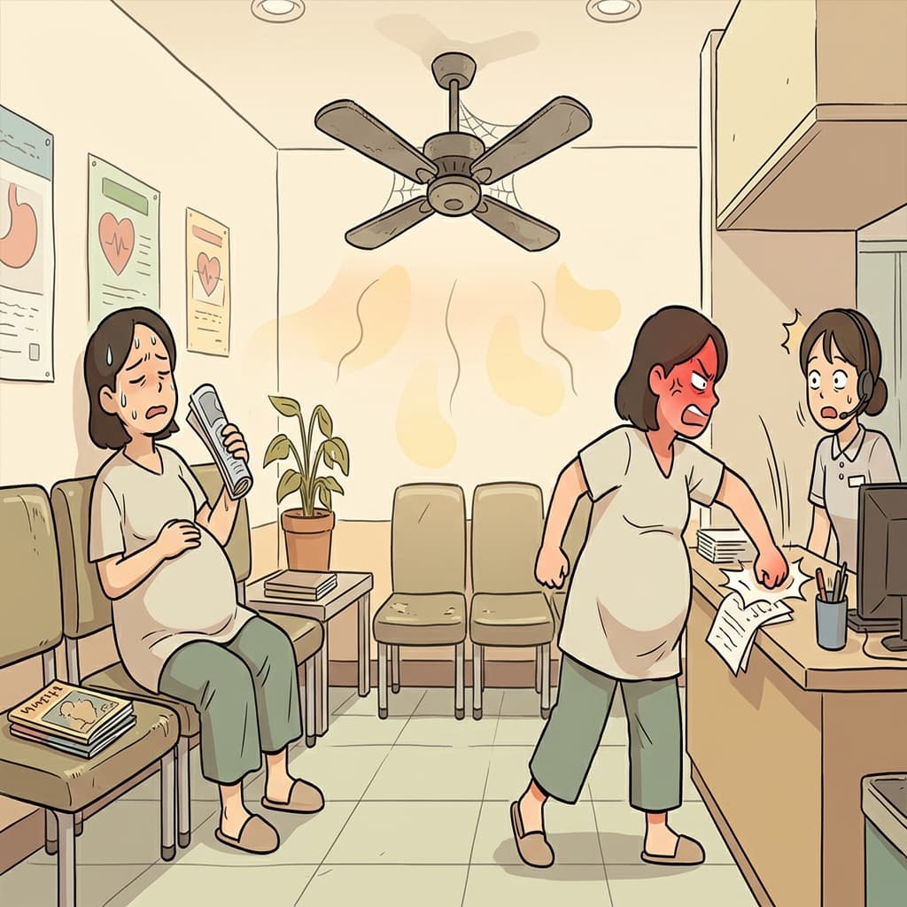 임신한(pregnant) 여성은 고장 난 선풍기 때문에 대기실 공기가 완전히 고여 있게(stagnant) 되자 몹시 분개했다(indignant).