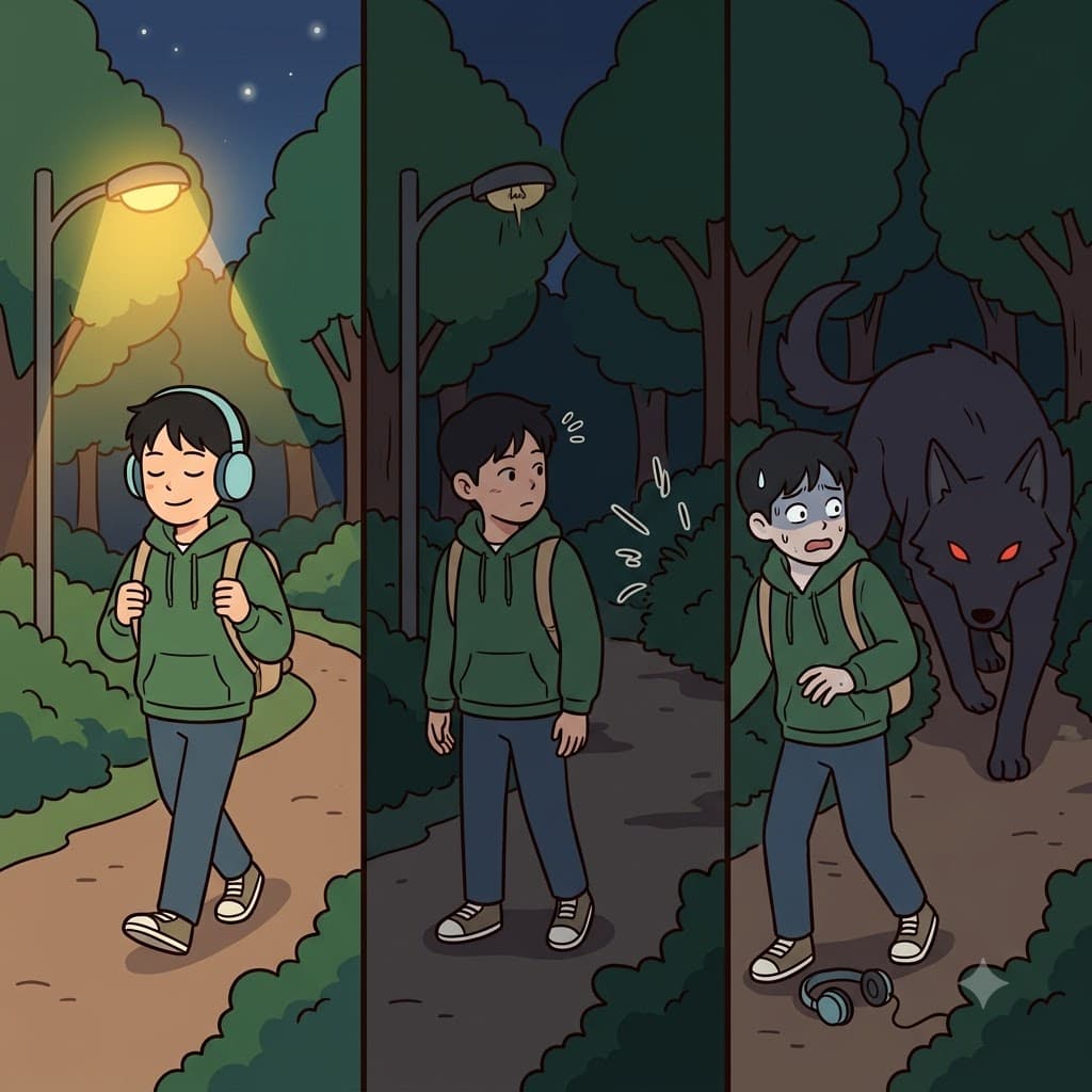 그가 조용한 한밤중의 산책(walk)을 하는 동안, 무서운 괴물이 덤불 속에서 그에게 공격적으로 몰래 다가가기(stalk) 시작했다.
