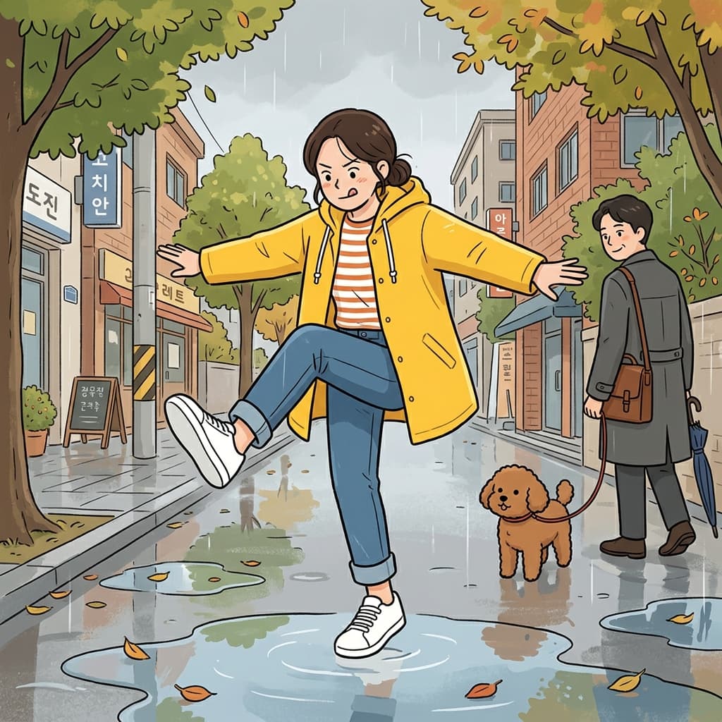 그녀는 새 신발이 젖지 않게 웅덩이를 조심스럽게 넘었다.