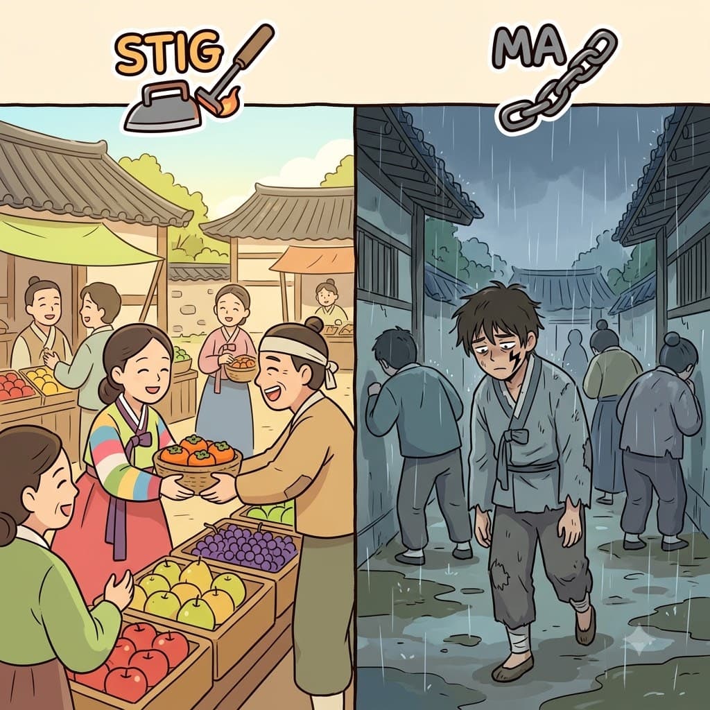 STIG(표식) + MA(결과) — 도둑이라는 영구적인 표식(STIG)을 가혹한 결과(MA)로 달고 살아야 했던 추방자는 무거운 낙인(stigma)을 안고 살았다.