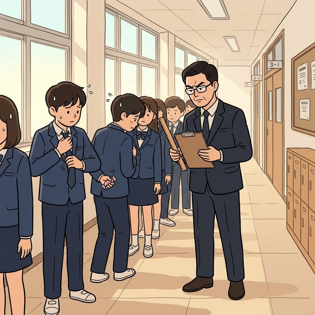 엄격한 선생님이 교실 앞에서 학생들 복장을 하나하나 점검한다.