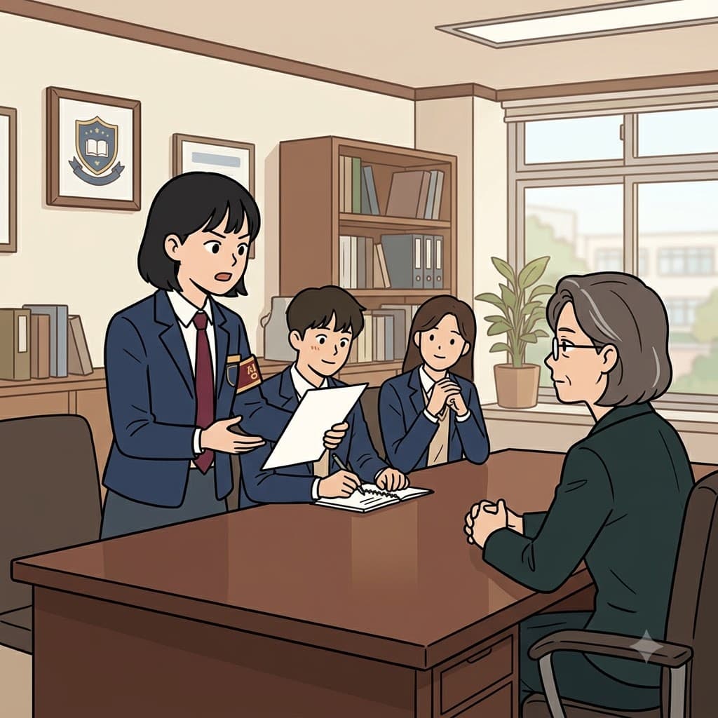 학생회(student council) 대표가 공식 회의에서 학생들의 제안을 교장에게 설명한다.