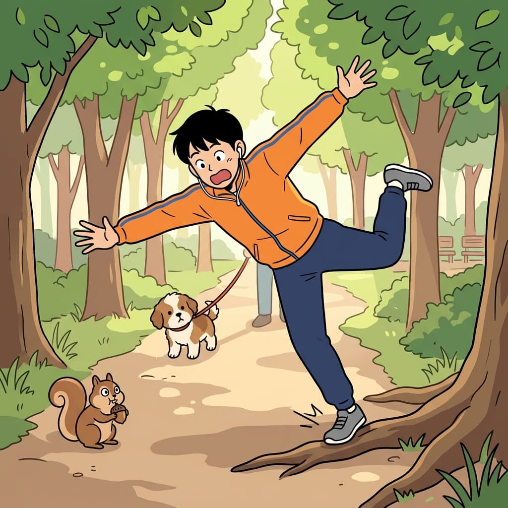 조깅하다가 나무 뿌리에 발이 걸려 휘청했다.