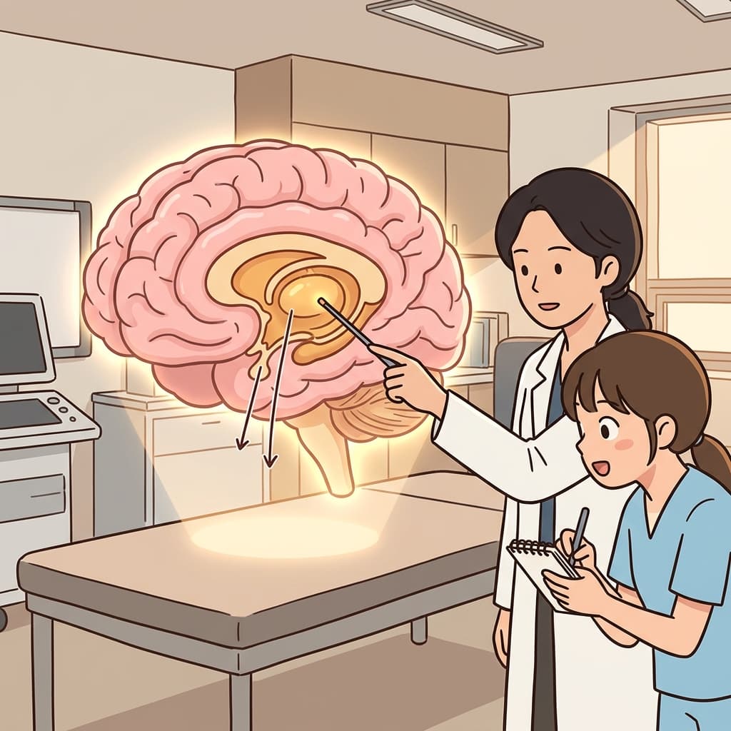 신경과 의사가 뇌 표면 아래 깊은 영역을 가리켰다.