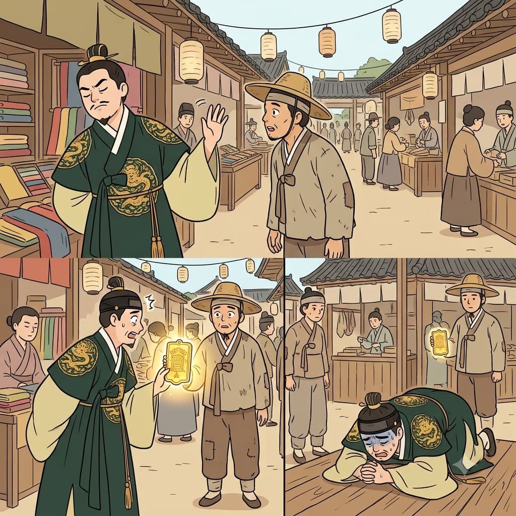 처음에는 상인이 완전히 무시하는(dismissive) 태도였지만, 왕실 감찰관이 배지를 보여주자 즉시 순종적인(submissive) 태도로 돌변했다.