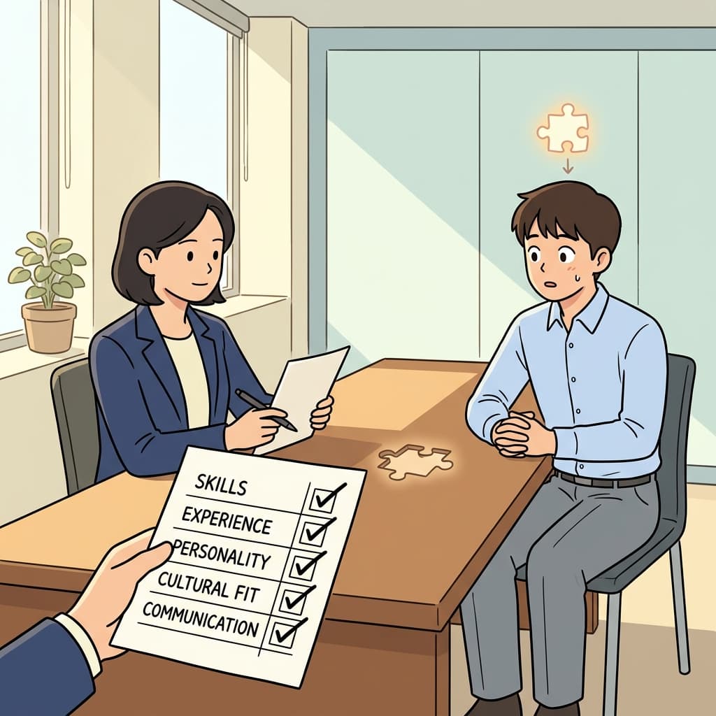 면접관이 그가 이 자리에 잘 맞는지 꼼꼼히 따져본다.