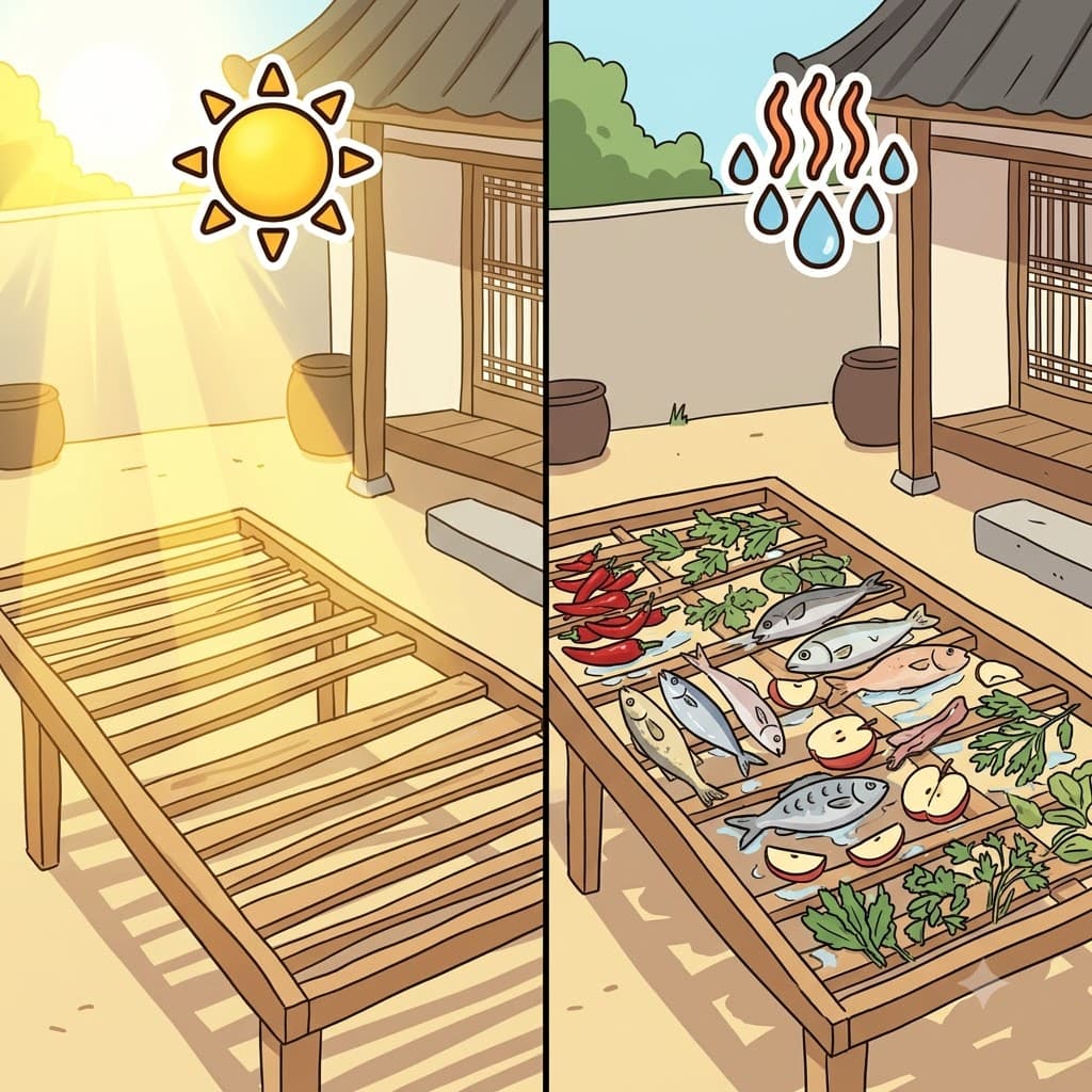 SUN (태양) + DRY (말리다) — 뜨거운 태양(SUN) 아래 다양한 과일, 생선, 허브를 펼쳐 말림(DRY)으로써, 마을 사람들은 보존식품들의 잡다한(sundry) 모음을 완성했다.