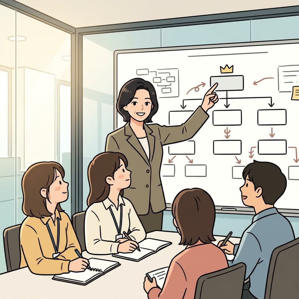 팀장이 신입 세 명을 앞에 두고 프로젝트 방향을 잡아주고 있다.