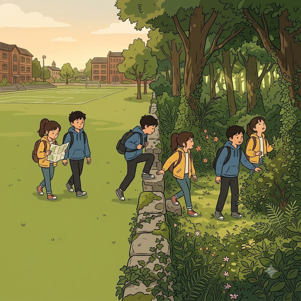 학교 운동장(grounds)을 탐험하고 익숙한 경계(bounds)를 넘어, 호기심 많은 아이들은 오래된 돌길을 둘러싸고 있는 신비로운 정원으로 들어갔다.