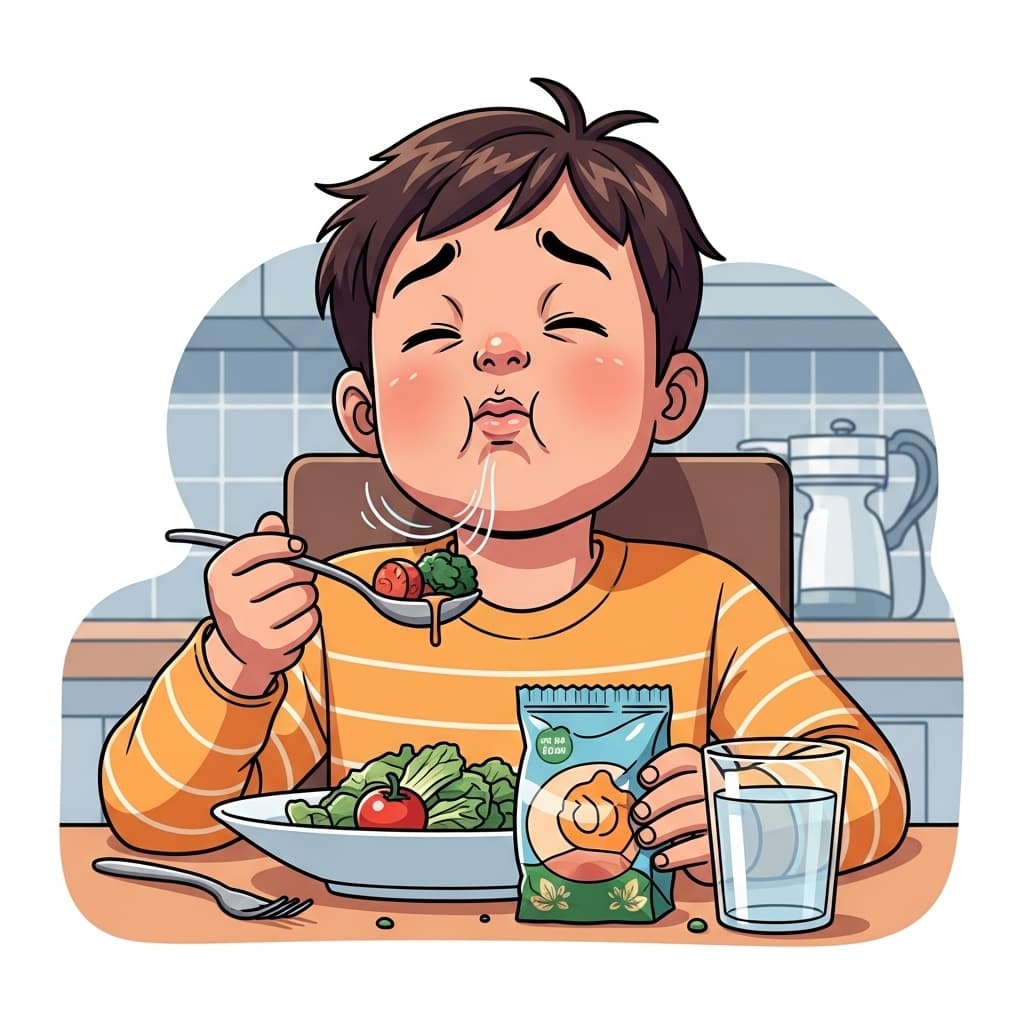 그는 한 입을 꿀꺽 삼킨다.