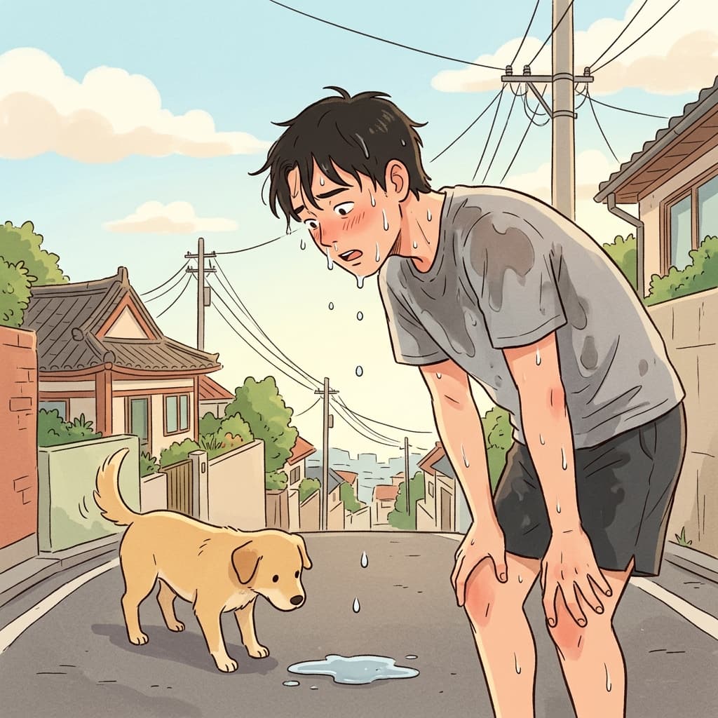 언덕을 뛰어 올라온 그의 얼굴에서 땀이 뚝뚝 떨어진다.
