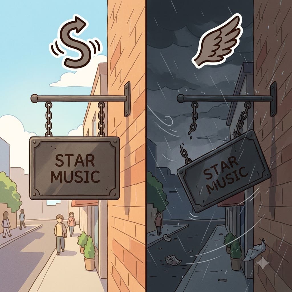 S(흔들리다) + WING(날개) — 폭풍 속에서 거대한 날개(WING)처럼 흔들리기로(S) 하며, 부서진 간판이 위험하게 흔들리기(swing) 시작했다.