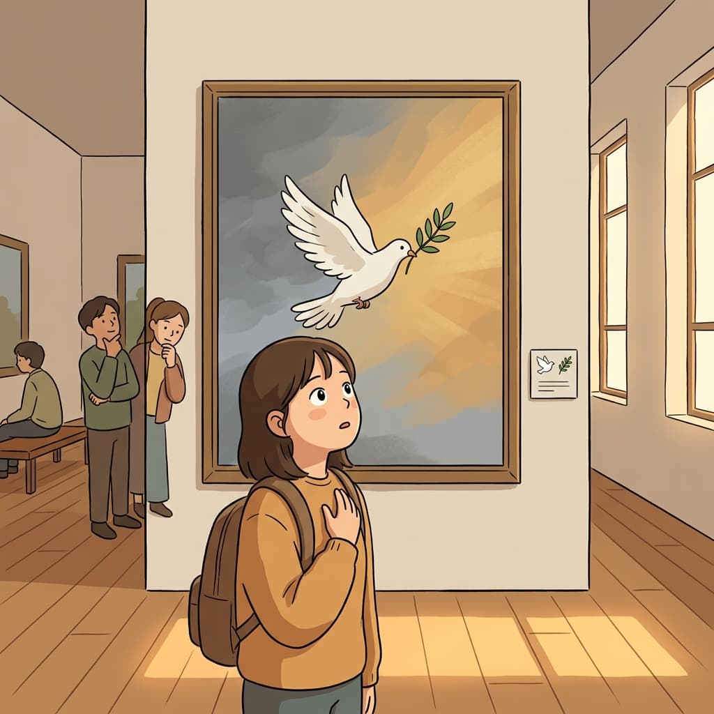 그림 속 비둘기와 올리브 가지는 전쟁 후의 평화를 상징한다.
