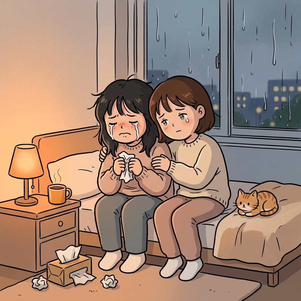 우는 친구 옆에 앉아 마음을 함께 나눈다.