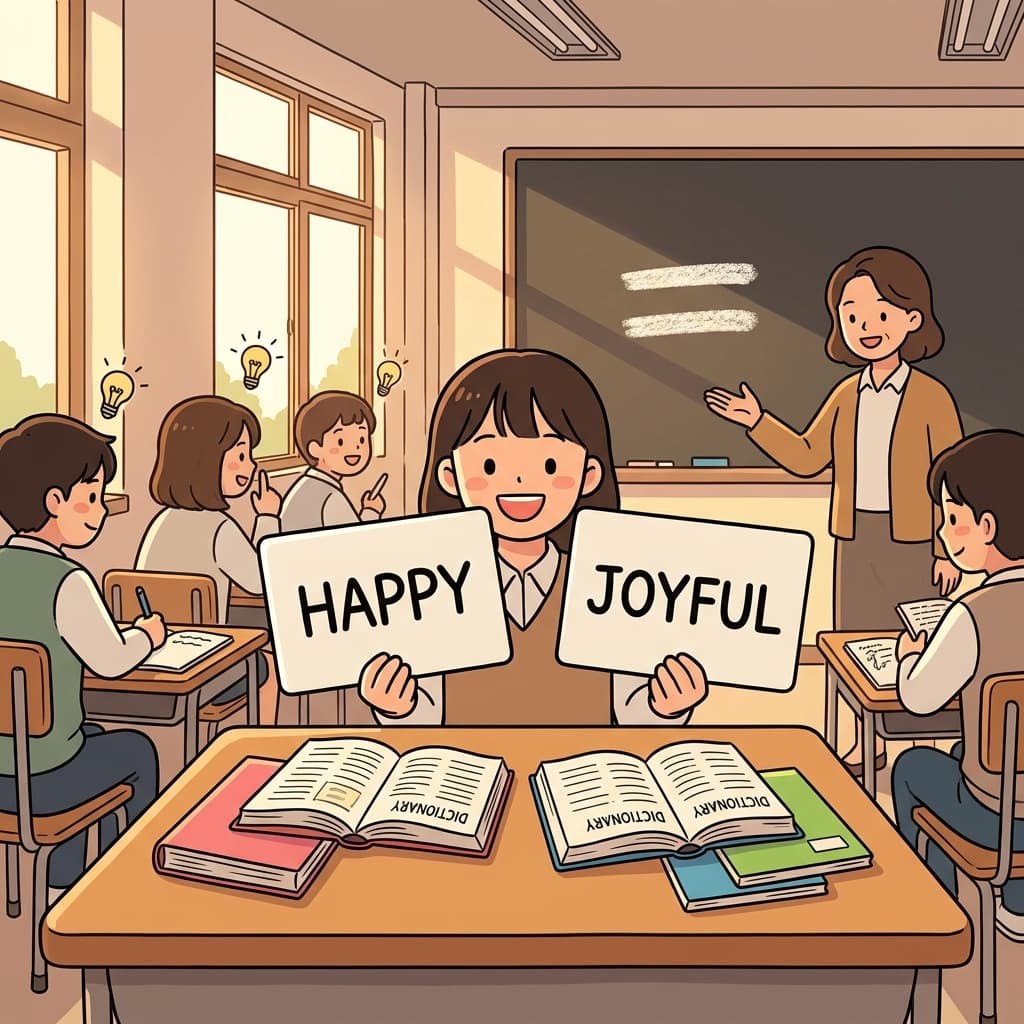 '행복한'과 '기쁜'은 뜻이 거의 같은 동의어예요.