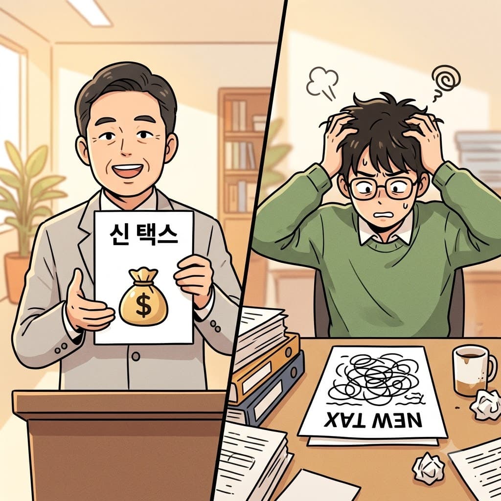 "신(syn) 택스(tax) 법안은 읽기 너무 어려워!" 회계사는 복잡한 구문(syntax) 때문에 고전했다. (정부에서 발표한 새로운 세금 제도인 '신(syn) 택스(tax)' 안내문을 읽는데, 문장의 순서와 '구문(syntax)'이 너무 복잡하게 꼬여 있어서 회계사가 서류를 보며 머리를 쥐어짜는 직관적인 시각적 상황)