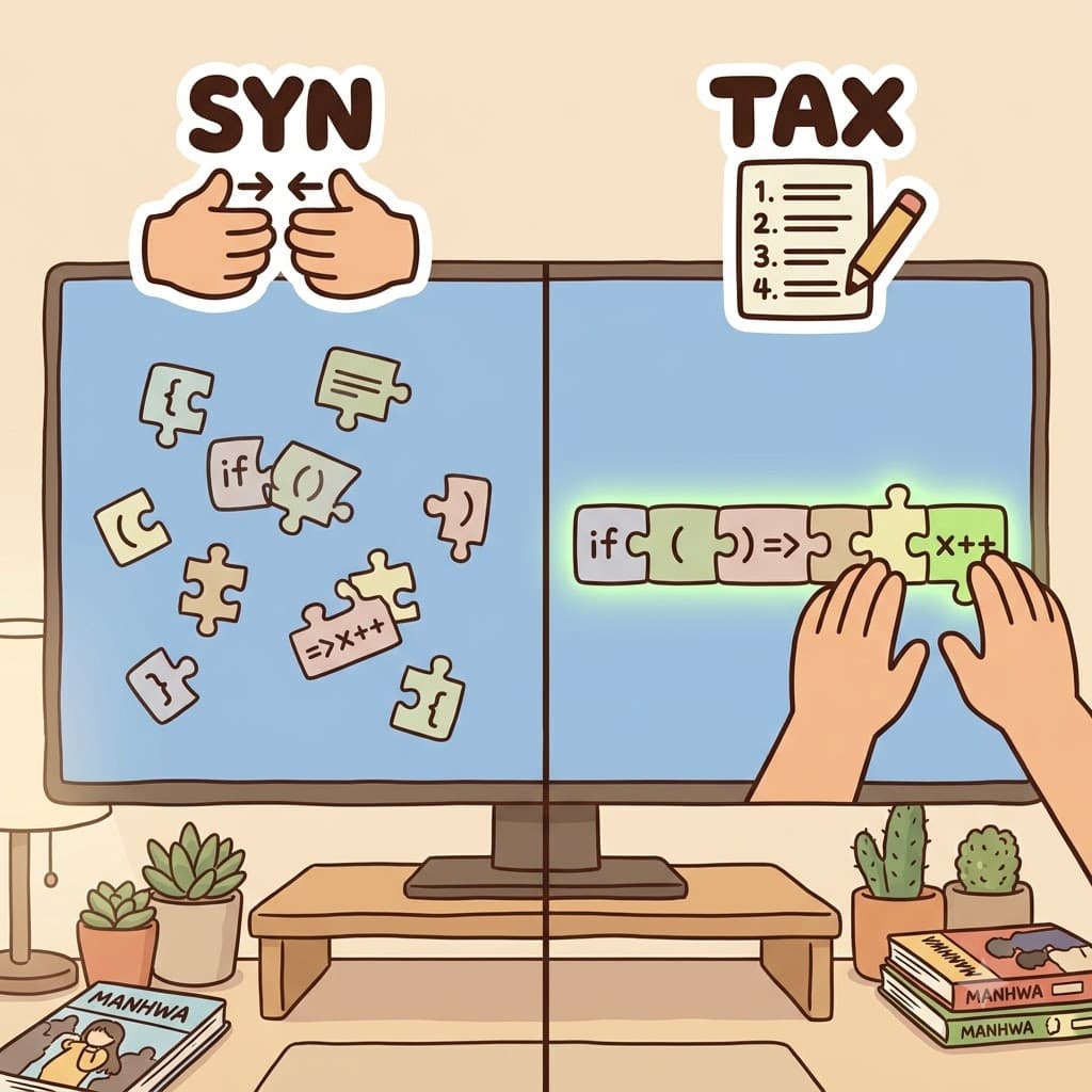 SYN (함께) + TAX (배열하다) — 지저분한 부품들을 함께(SYN) 모아 명확하게 배열(TAX)함으로써, 그녀는 망가진 구문(syntax)을 고쳤다.