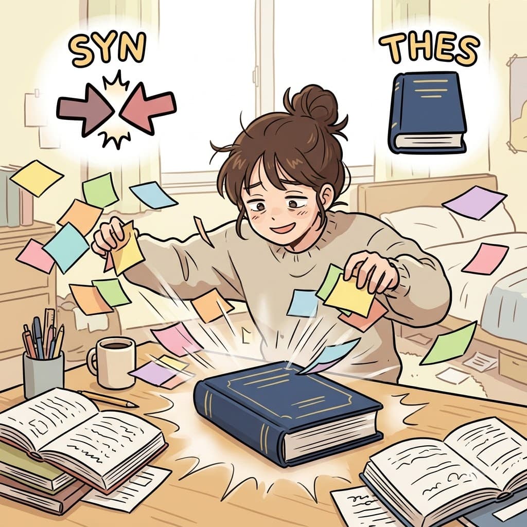 SYN(함께) + THES(논문) — 그녀는 흩어진 수백 장의 메모를 함께(SYN) 모아 하나의 거대한 논문(THES)으로 종합했다(synthesize).