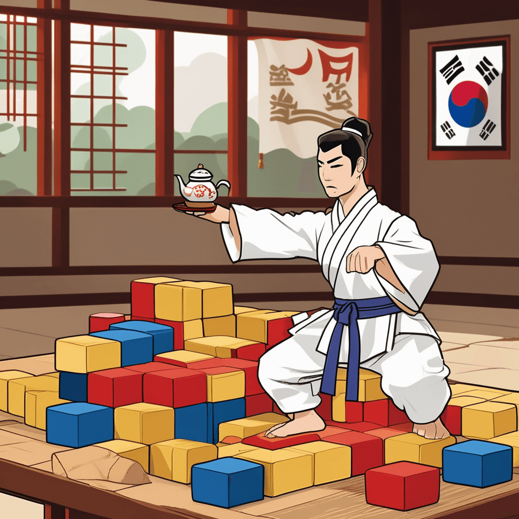 태권도 선수가 블록으로 테이블을 만들었다!