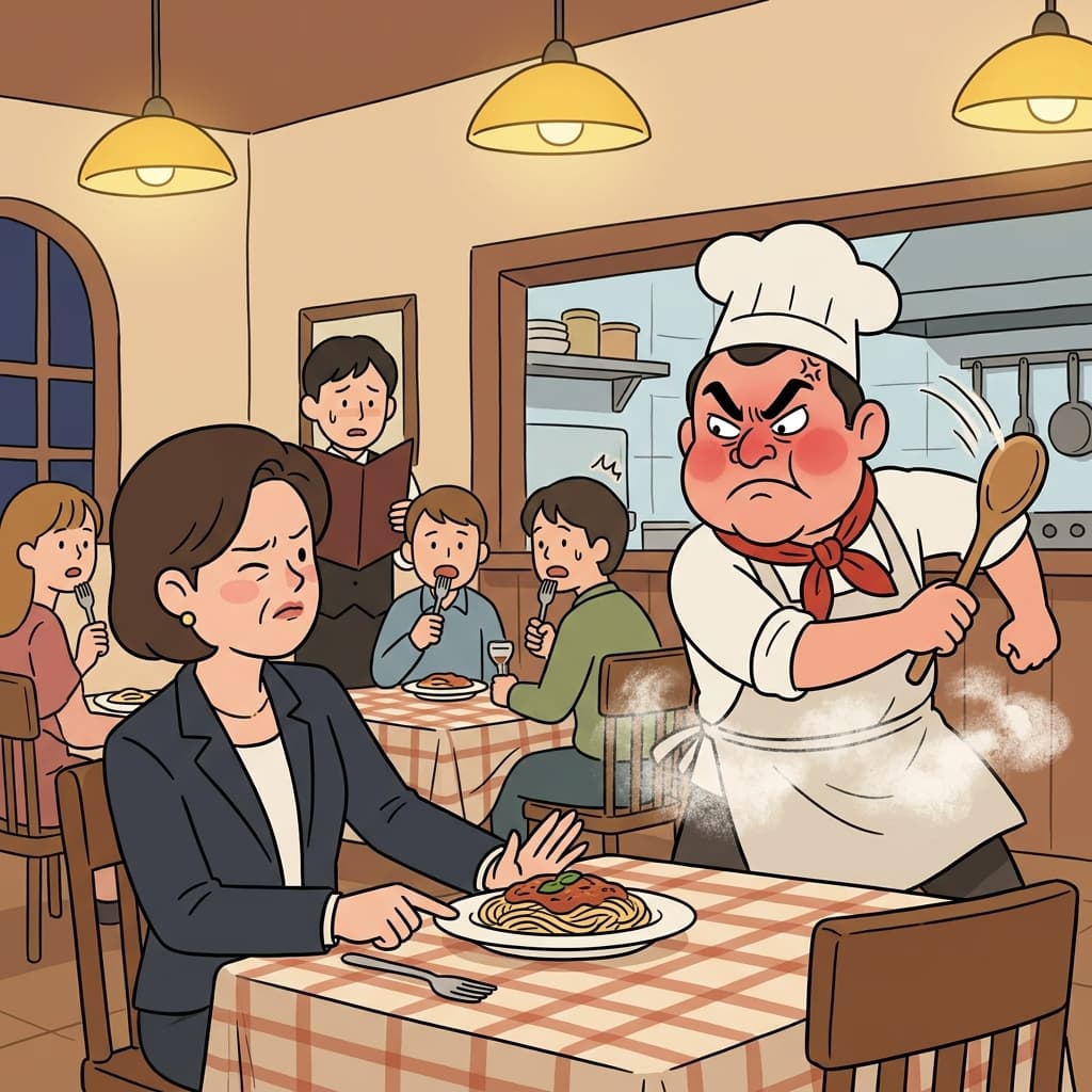셰프는 손님이 자기 시그니처 파스타를 흉보자 표정이 확 굳었다.