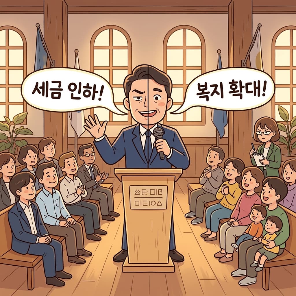 저 정치인은 앞뒤 다른 말을 한다. 세금은 깎고 예산은 늘리겠단다.