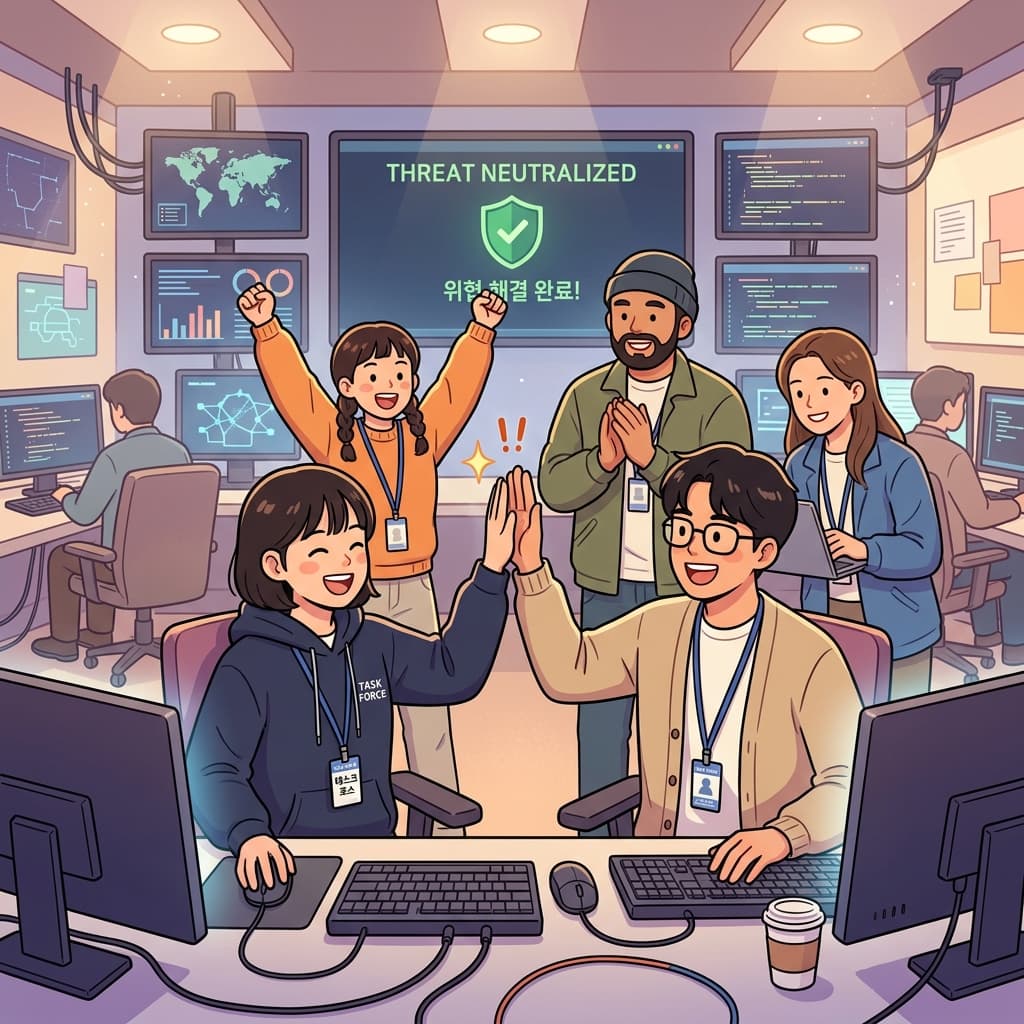 전담반은 사이버 공격을 신속하게 해결했다. ("태스크 포스!" → 특별한 '태스크(임무)'를 맡은 힘(force) 있는 팀)