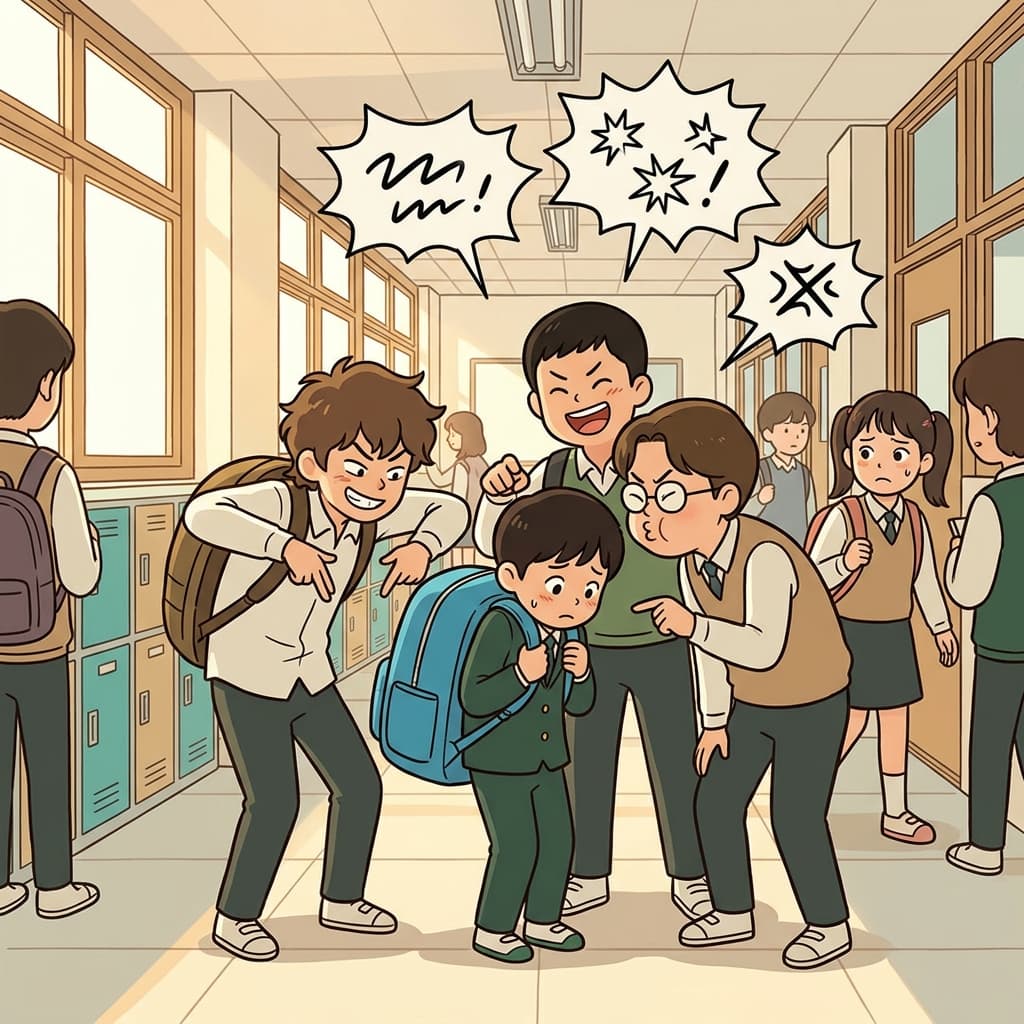 덩치들이 새로 온 애의 큰 가방을 보고 놀려댄다.