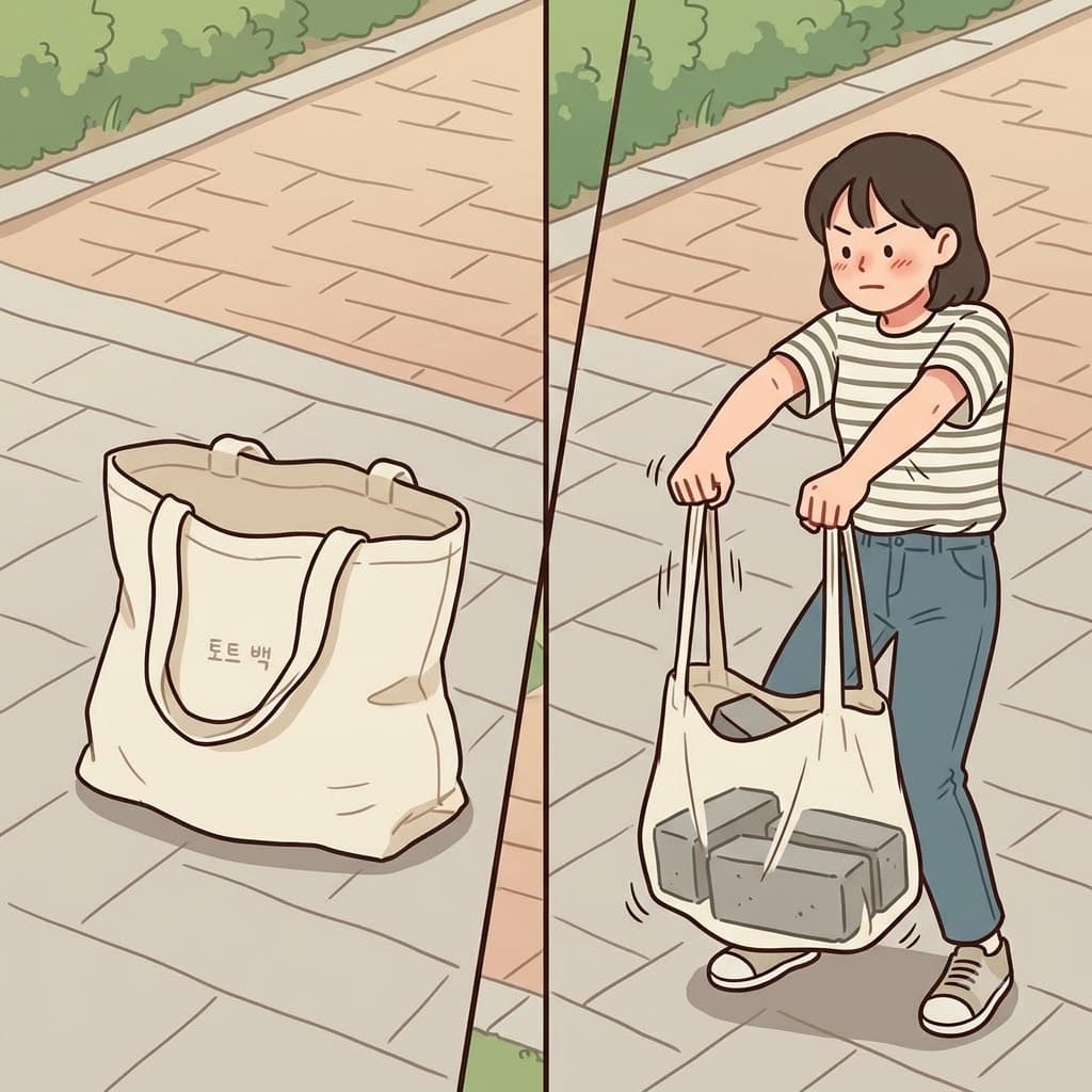 "이 토트(tote)백 너무 무거워!" 무거운 벽돌을 나르자, 천 손잡이가 끊어질 듯 엄청나게 팽팽해졌다(taut).