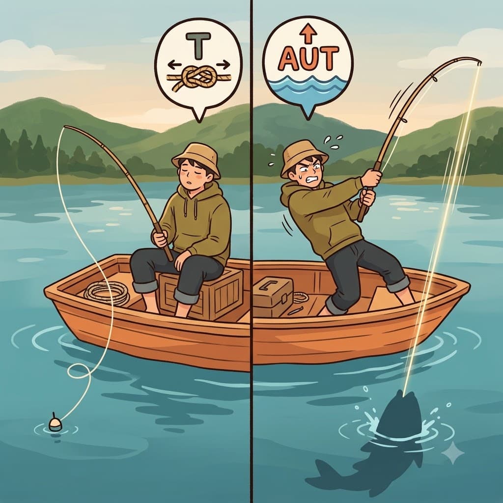 T(팽팽한) + AUT(밖으로) — 낚싯줄을 팽팽하게(T) 물 밖으로(AUT) 당기며, 어부는 그것을 완벽하게 팽팽한(taut) 상태로 유지했다.