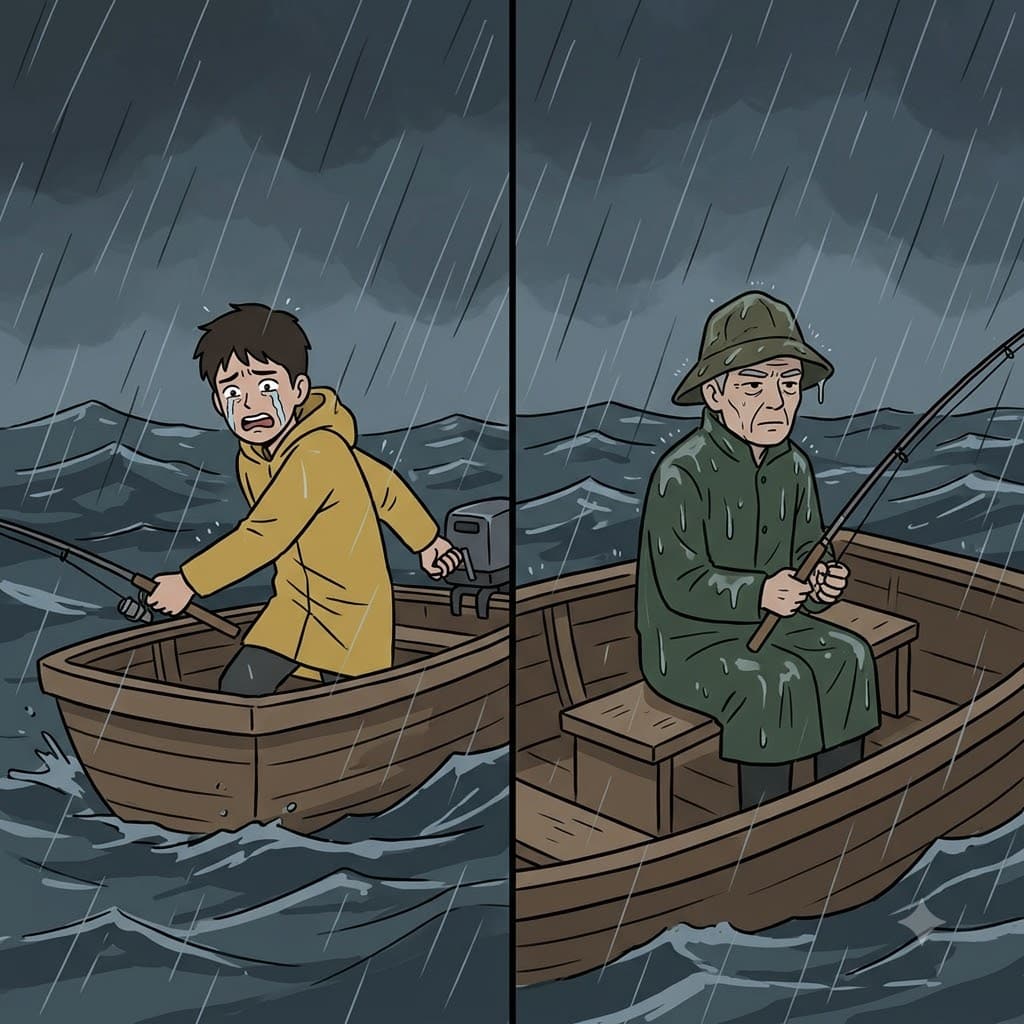 "텐(ten) 시간 낚시(naci)하며 힘든 티(ti)도 안 내!" 거센 폭풍우를 견디며, 노인은 거대한 물고기를 잡기 위해 놀라운 집요함(tenacity)을 보여주었다.