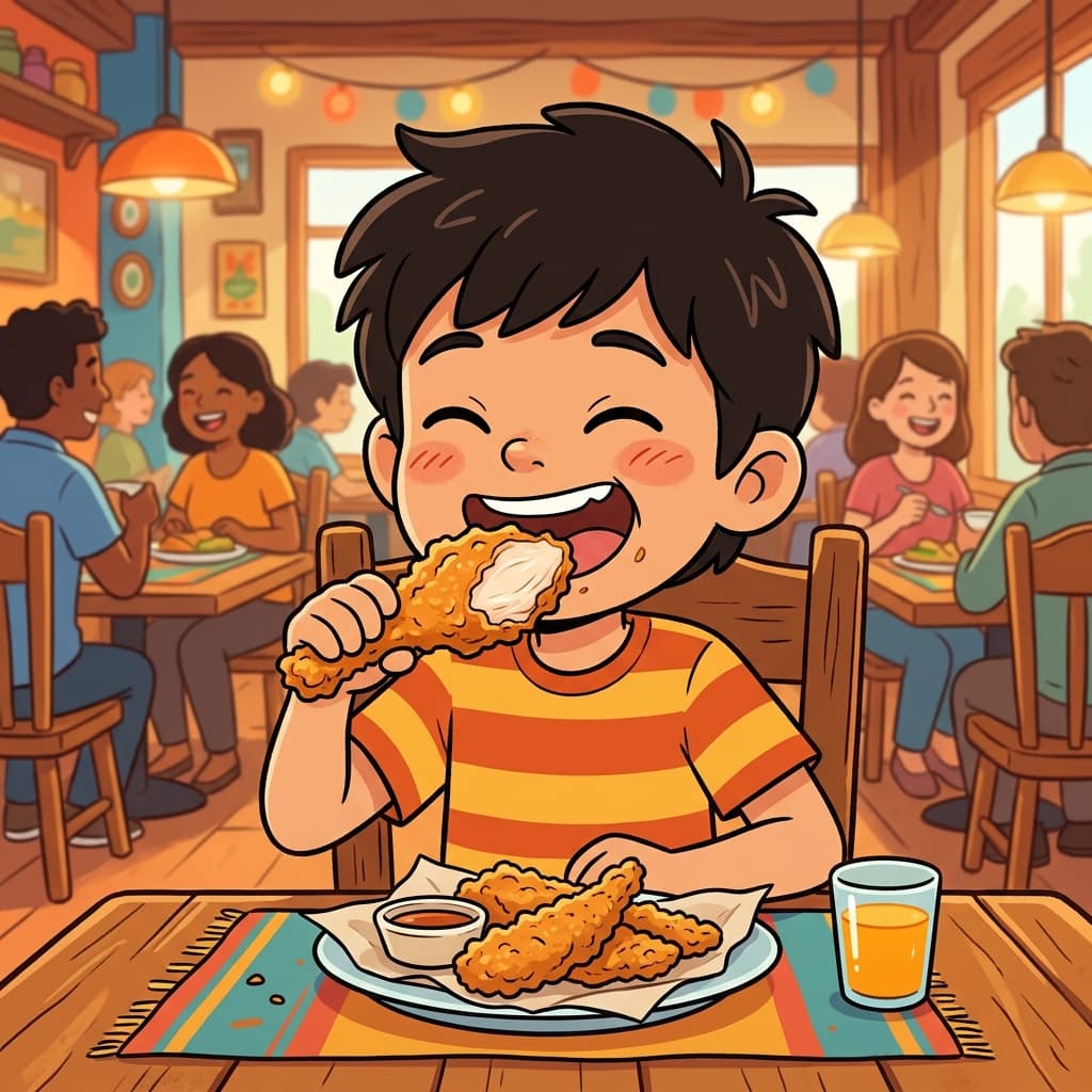 부드러운 텐더 치킨은 소년의 입에서 살살 녹았다. ("텐더 치킨!" → 텐더 치킨처럼 부드럽다)
