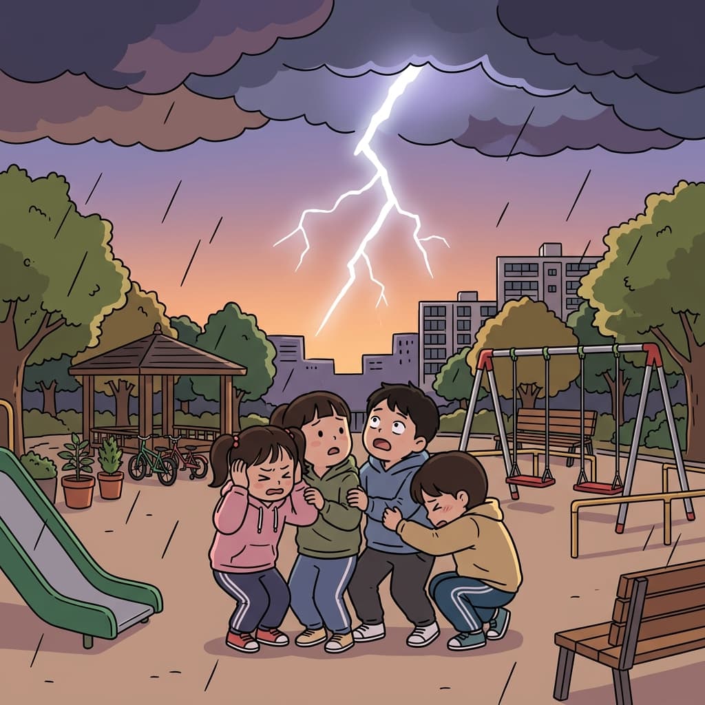 갑작스러운 천둥번개가 아이들을 공포에 질리게 했다.