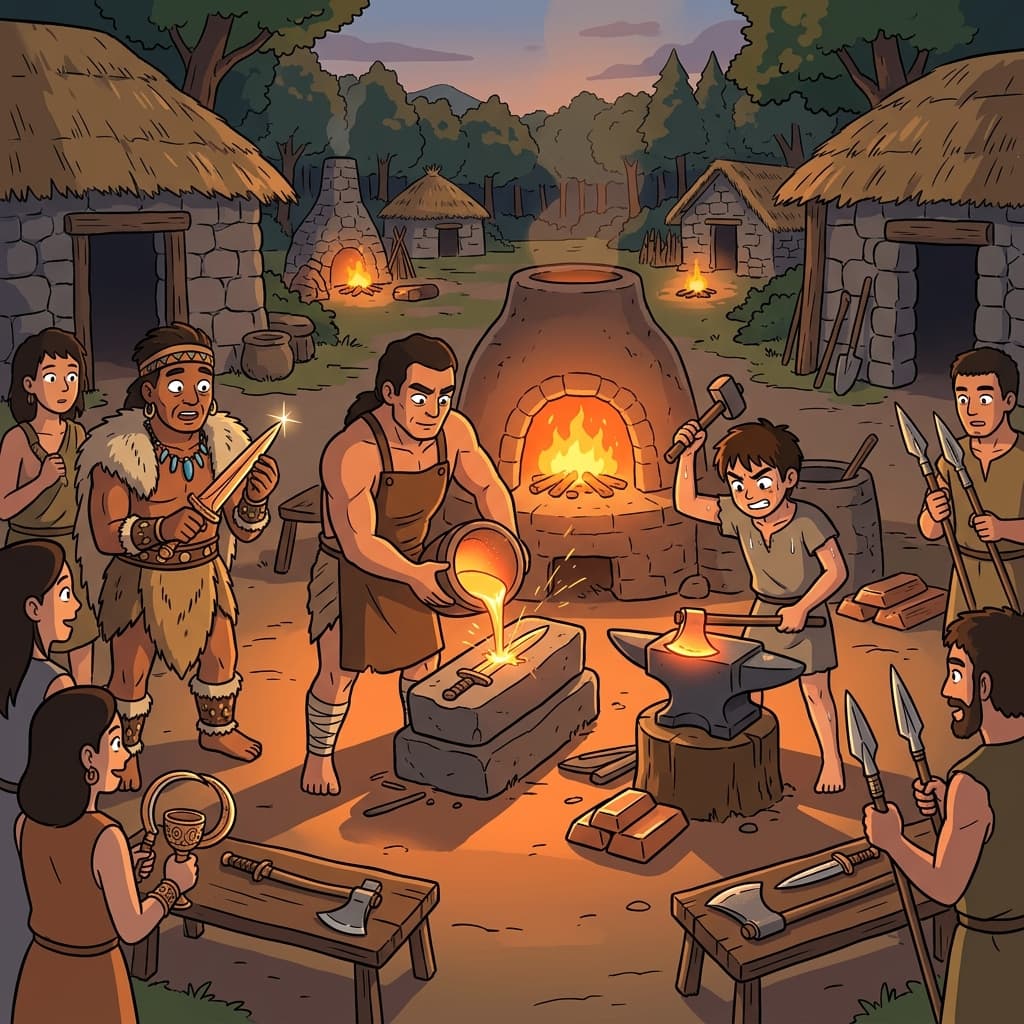 청동기 시대의 대장장이들은 구리와 주석을 녹여 도구와 무기를 만들었다.