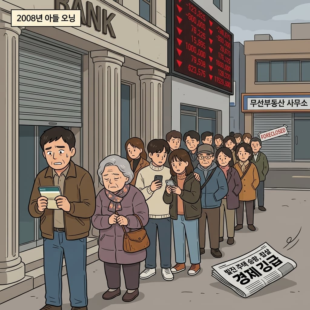 대침체 시기에 사람들이 은행 앞에 줄 서서 저축을 걱정했다.