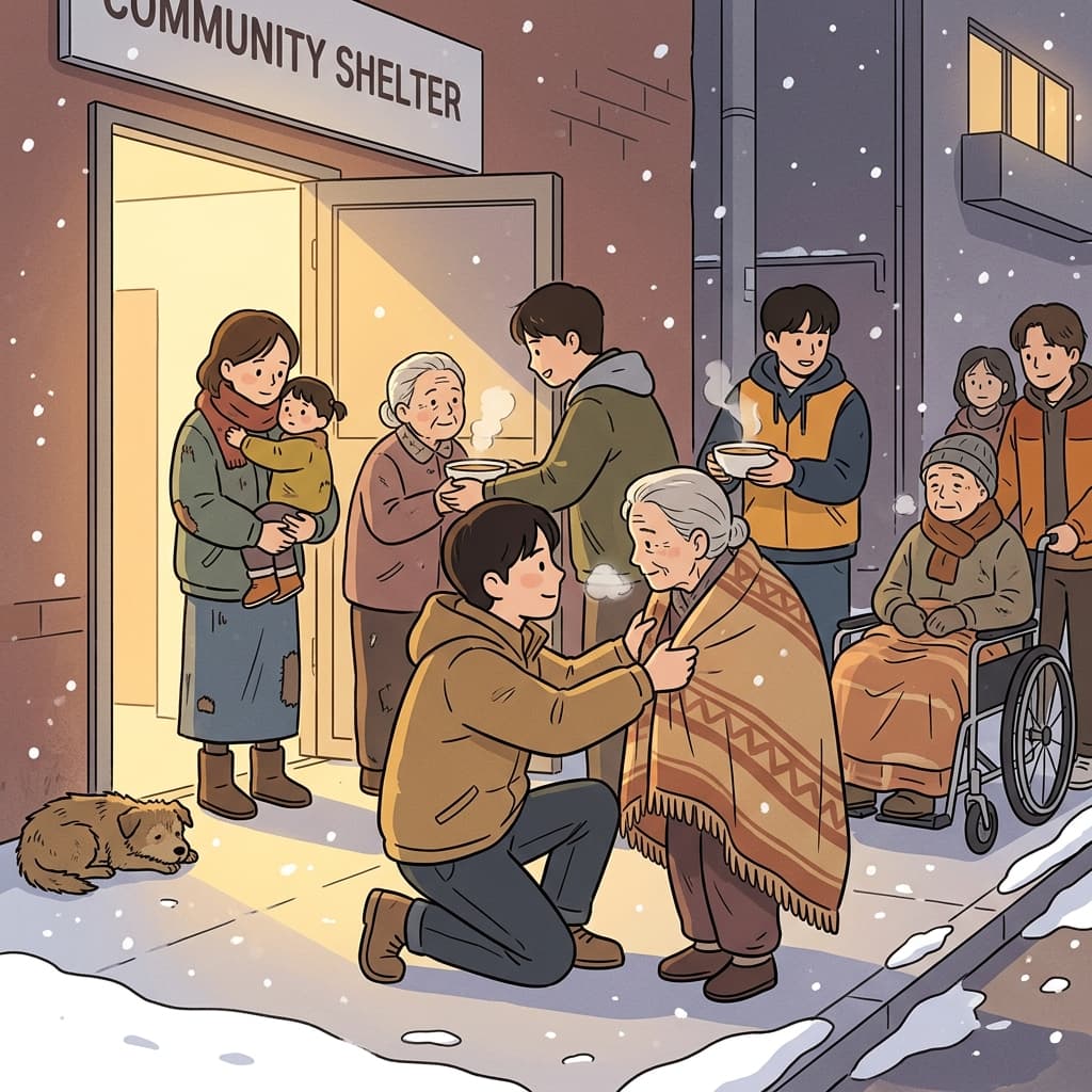 추운 겨울, 갈 곳 없는 노인들에게 자원봉사자들이 담요를 나눠준다.