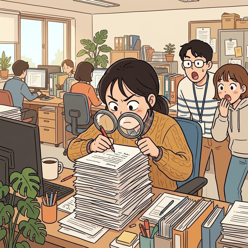 그녀는 제출하기 전에 보고서를 철저히 검토했다. (서로우 → “서로 하나도 빠짐없이 다 보자!” 하는 느낌)